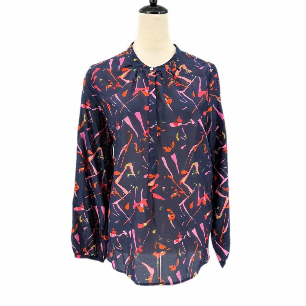 Trovata Birds of Paradis Navy Pink Abstract Cotton Silk Whimsical Boho Blouse